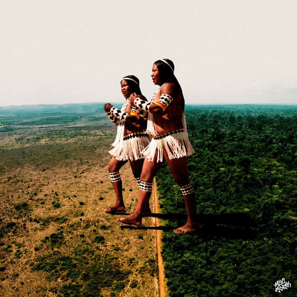 Work by Mavi Morais, featuring two indigenous men walking together.