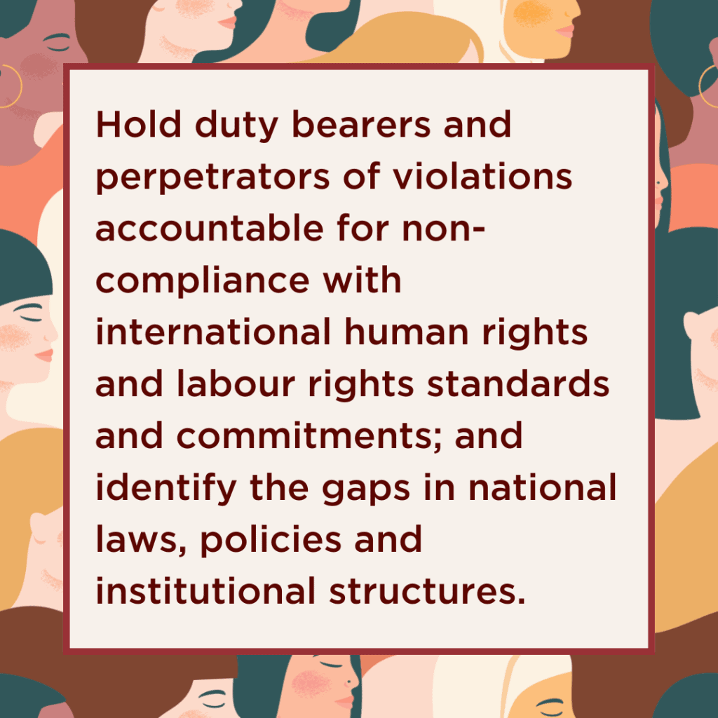 Hold duty bearers and perpetrators of violations accountable for non-compliance with international human rights and labour rights standards and commitments; and identify the gaps in national laws, policies and institutional structures.